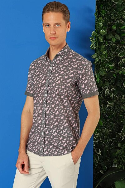 Efor Slim Fit Düğmeli Yaka Desenli Kısa Kol Pamuk Füme Gömlek G 1504