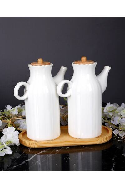 Pembelia Life 2'li Ahşap Standlı 1000 Ml Beyaz Papatya Yağlık&sirkelik 3'lu Y...