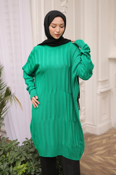 İmajButik Green Crew Neck Mercerized Casual Knitwear Tunic