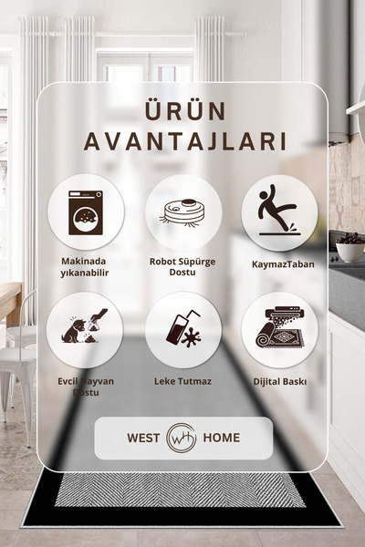 West Home Dijital Baskı Yıkanabilir Kaymaz Taban Salon Halısı Mutfak Halısı Koridor Halısı