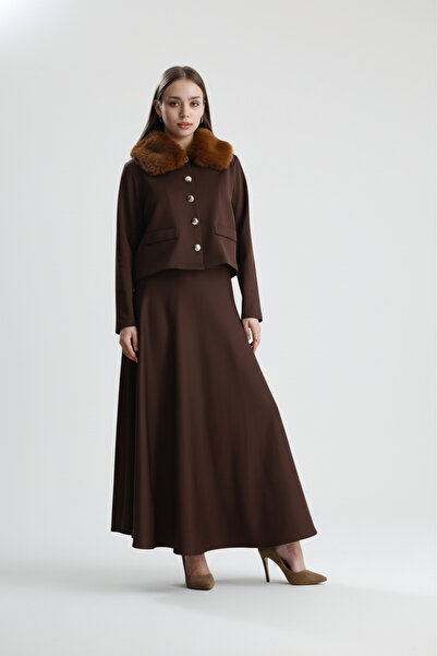 Molly Nelly Γυναικείο Σετ με Γούνινο Γιακά και Λεπτομερή Φούστα Σκούμπα