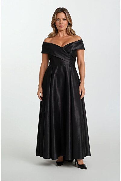 Spazio Rinetto Madonna Yaka Kloş Uzun Abiye Elbise SİYAH