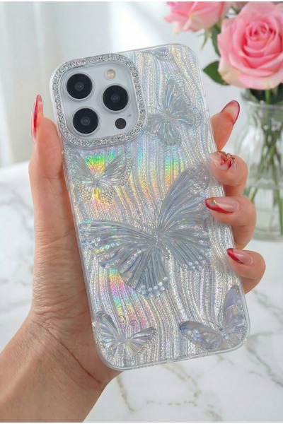 Fibaks حافظة آيفون 16 برو ماكس من السيليكون مع نمط فراشة لامع وحجر هولوغرامي،...