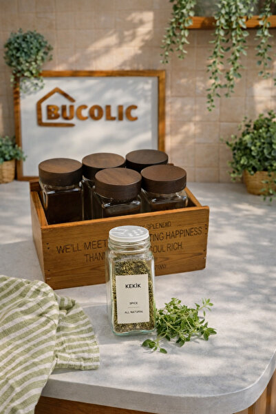 BUCOLIC Set of 6 Glass Spice Jars with Wooden Organizer