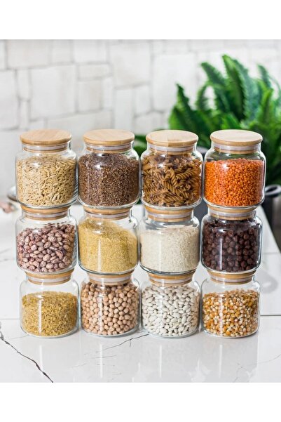 Pembelia Life 12'li Orjinal Bambu Kapaklı Etiketli 500ml Baharatlık Kavanoz T...