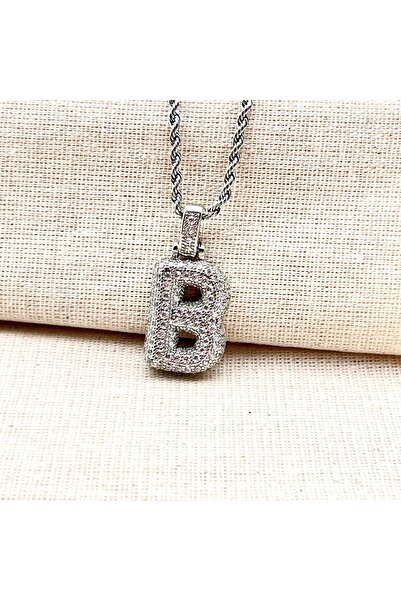 Siya Silver Zirkon Taşlı Burgu Zincirli Tombul Harfli Balon Kolye-gümüş Renk