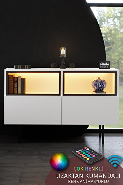 Modatte EKOL KONSOL LED IŞIKLI DEMİR AYAKLI ÇOK AMAÇLI DOLAPLI BEYAZ TV SEHPASI