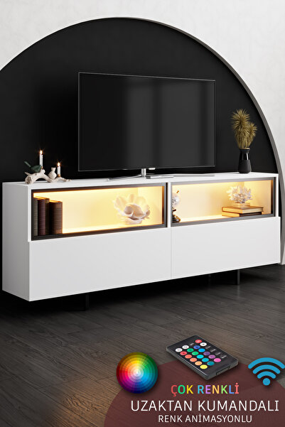 Modatte EKOL TV ÜNİTESİ LED IŞIKLI DEMİR AYAKLI ÇOK AMAÇLI DOLAPLI BEYAZ TV S...