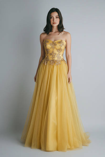 GÖKŞİN MODA فستان سهرة مطرز باللون الذهبي