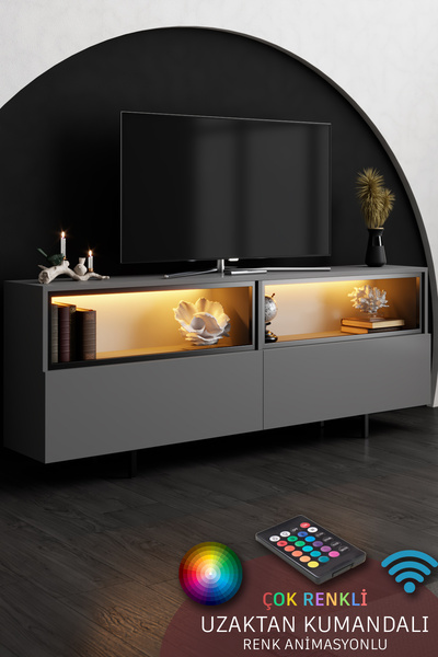 Modatte EKOL TV ÜNİTESİ LED IŞIKLI DEMİR AYAKLI ÇOK AMAÇLI DOLAPLI ANTRASİT T...