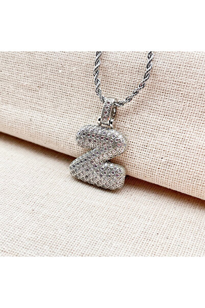 Siya Silver Zirkon Taşlı Burgu Zincirli Tombul Harfli Balon Kolye-gümüş Renk