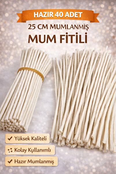 eSLeTc 25 Cm sert Mumlanmış Fitil (40 Adet) Yüzde Yüz Pamuk İpinden Hazır Ser...