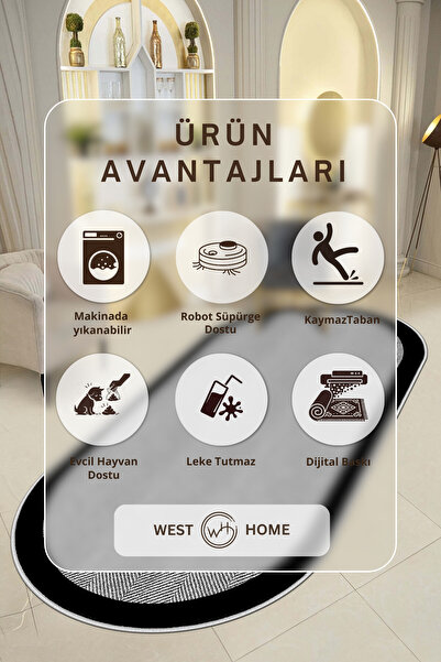 West Home Dijital Baskı Yıkanabilir Kaymaz Taban Oval Mutfak Halısı Salon Halısı Ve Yolluk