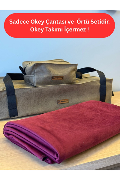 Mady Aksesuar Okey Game Bag Dark Brown and Burgundy Game Table Cover 2 in 1 Set