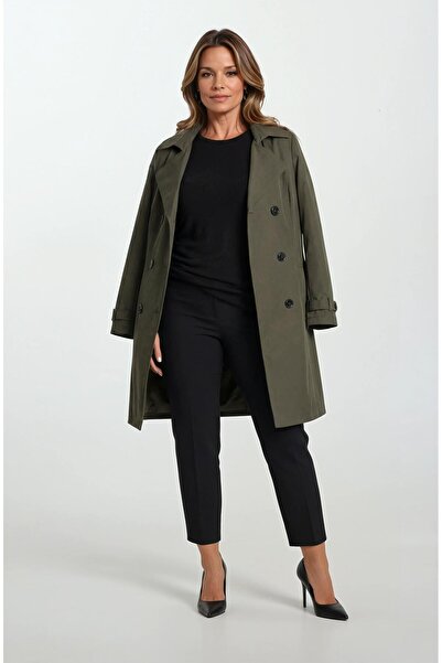 Spazio Pallaske Kruvaze Yaka Kuşaklı Cepli Trençkot HAKİ