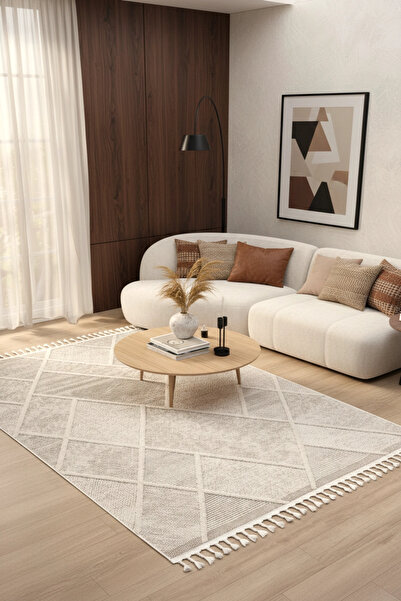 Eliz Home Krem Bej Modern Püsküllü Dokuma Halı Oturma Odası Salon Halısı