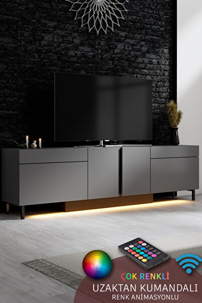 Modatte PARİS TV ÜNİTESİ LED IŞIKLI METAL AYAKLI MODERN ANTRASİT TV SEHPASI