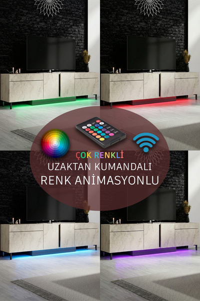 Modatte PARİS TV ÜNİTESİ LED IŞIKLI METAL AYAKLI MODERN TRAVERTEN TV SEHPASI