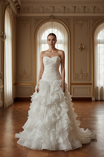 GÖKŞİN MODA DRAPELİ MENDİL ETEK GELİNLİK