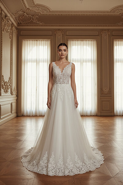 GÖKŞİN MODA Kırık beyaz A Kesim Gipür işlemeli  Gelinlik