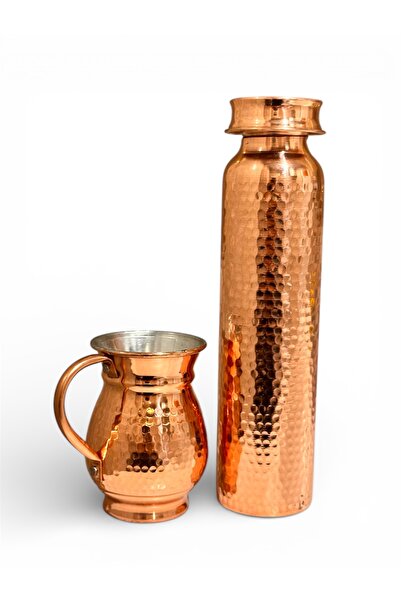 gulflower nude %100 saf bakır matara ve bardak set çekiç modeli el yapımı