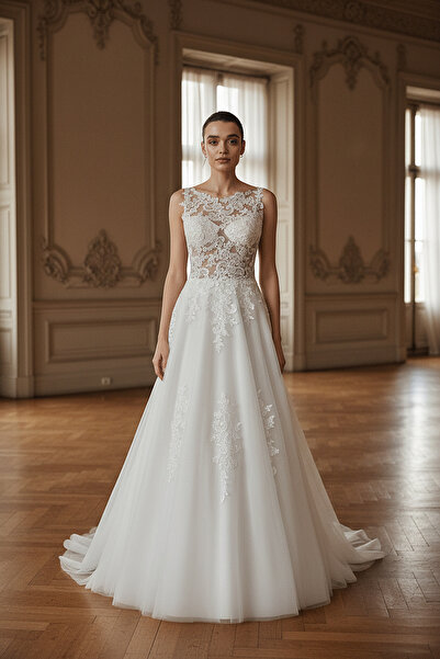 GÖKŞİN MODA A-kesim Kayık Yaka Sırtı Inci Düğmeli Helen Gelinlik