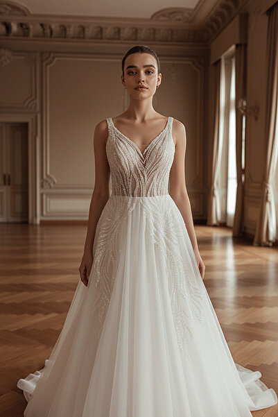 GÖKŞİN MODA Kırık Beyaz A Kesim Boncuk İşlemeli Gipür Gelinlik