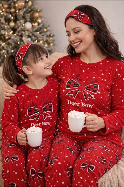 Tarık Kırmızı anne kız kombin kurdele detaylı pijama takımı