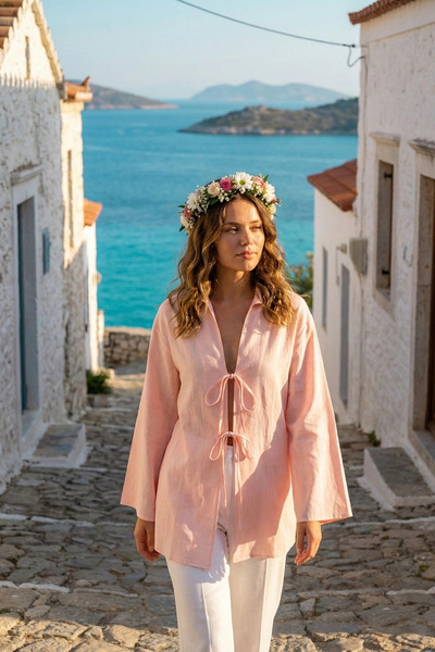 PASTELASTORE Kimono pentru femei 100% bumbac și in, cu șireturi, buzunar 1165...