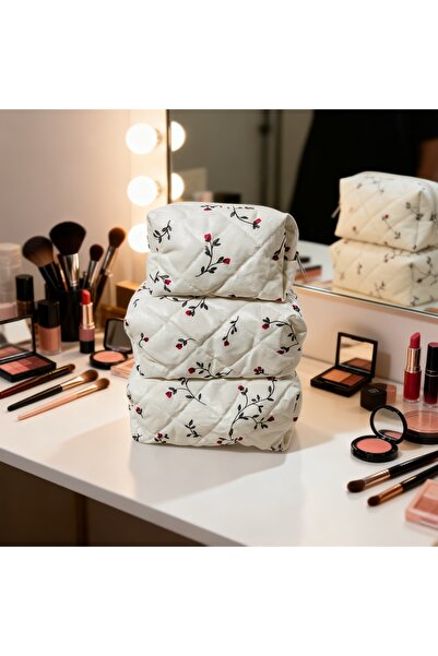 Bestway ve Diğeri Luxury White Quilted Floral Pattern 3-Piece Makeup and Cosm...