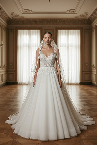 GÖKŞİN MODA 3Mt Long Cream Bridal Veil with Long Tulle
