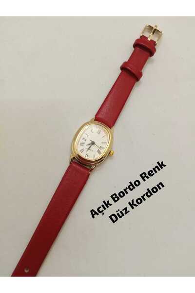 QUARTZ ساعة يد ريترو مينيمال ذات حزام بلون أحمر داكن عتيق