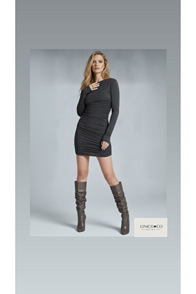 Linich&Co Rochie mini cu mâneci lungi, cu umăr dezvăluat, cu draperii