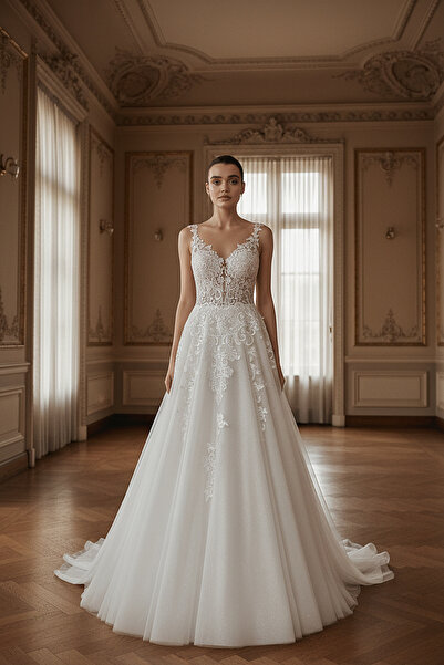 GÖKŞİN MODA A Kesim Sarma Işli Arkası Bağcıklı Gipür Gelinlik