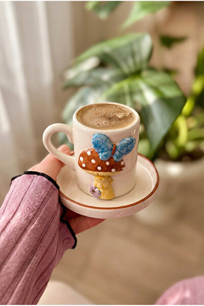 Loomart Mushroom & butterfly figured 2-person 4-piece handmade coffee cup set