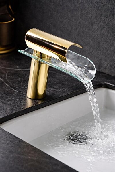 HT PRİMA Şelale Cam Lavabo Bataryası Gold Renk Modern Tasarım Cam Çıkışlı