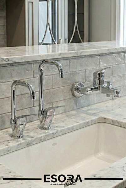 ESORA Krom Köşe Mutfak-Banyo-Lavabo Bataryası Çeşmesi Musluğu 3'lü Set
