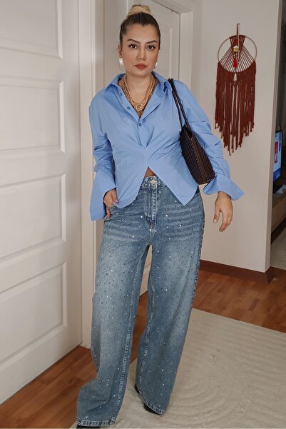 MADAMMERY Blugi largi, strălucitori, cu strasuri, în două direcții