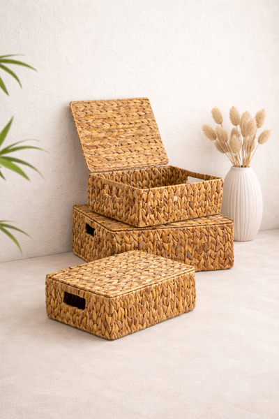 KaiHome Hasır Su Sümbülü 3'Lü Kapaklı Dikdörtgen Düzenleyici/Sepet/Organizer