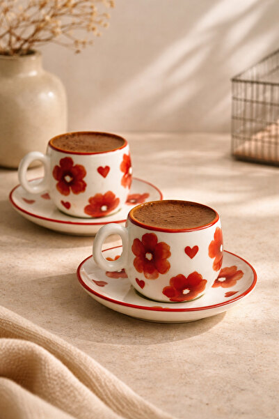 Anadolu Saray Kalp ve Çiçek Detaylı El Yapımı Seramik 2’li Türk Kahvesi Finca...