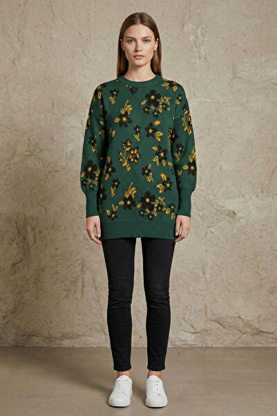 QUEENDA I Kadın Çiçek Desenli Oversize Tunik Triko Kazak