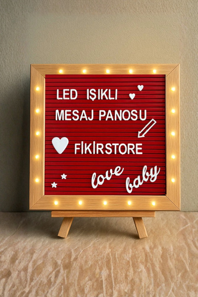 fikirstore Led Işıklı Kırmızı Ahşap Mesaj Panosu Yazı Tahtası Beyaz Renk Harf...