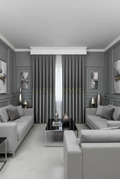 Emuz Zeus Desen Pano Fon, Gri , 1 / 3 Sık Pileli ( TEK KANAT ) Fon, Tül, Perde,