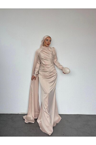 Guer Fashion ElisB Saten Drapeli Balık Pelerin Kollu Tesettür Bej Abiye