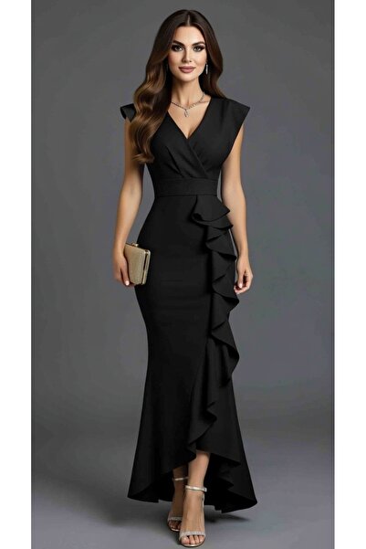 merysare فستان سهرة من قماش الكريب بياقة منتفخة - ملون