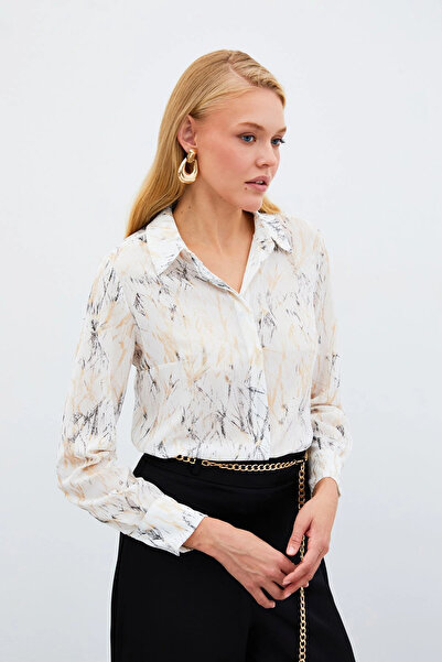 Sateen Shiny Patterned Shirt - Ecru-Gold