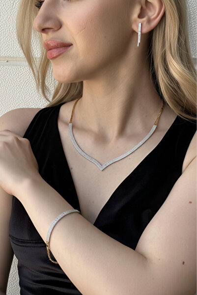 ZÜMRÜT SARRAF 14 Ayar Altın Su Yolu 3 Sıra Zirkon Taşlı Kolye Bileklik Küpe Ü...