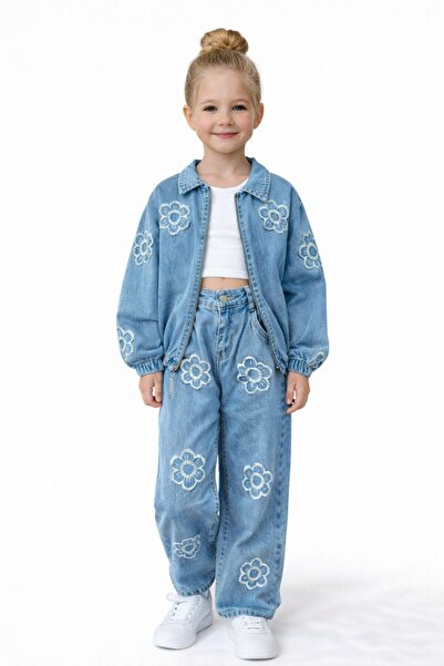 RAPAPA Dívčí džínová bunda a kalhoty s květinovým vzorem – 2dílná džínová sad...