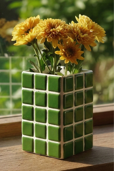 Tasarım El Yapımı Mozaik Seramik Vazo – Renkli Geometrik Desenli Vazo