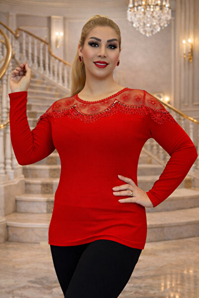 Yeşilmoda Blouse Women's Red Stone and Lace Embroidered Slim Knitwear Blouse ...